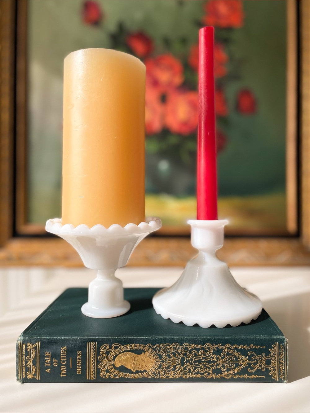 Vintage White Milk Glass Taper Candle Holders Pair - Scalloped Pie Crust Base - Picture 1 of 13